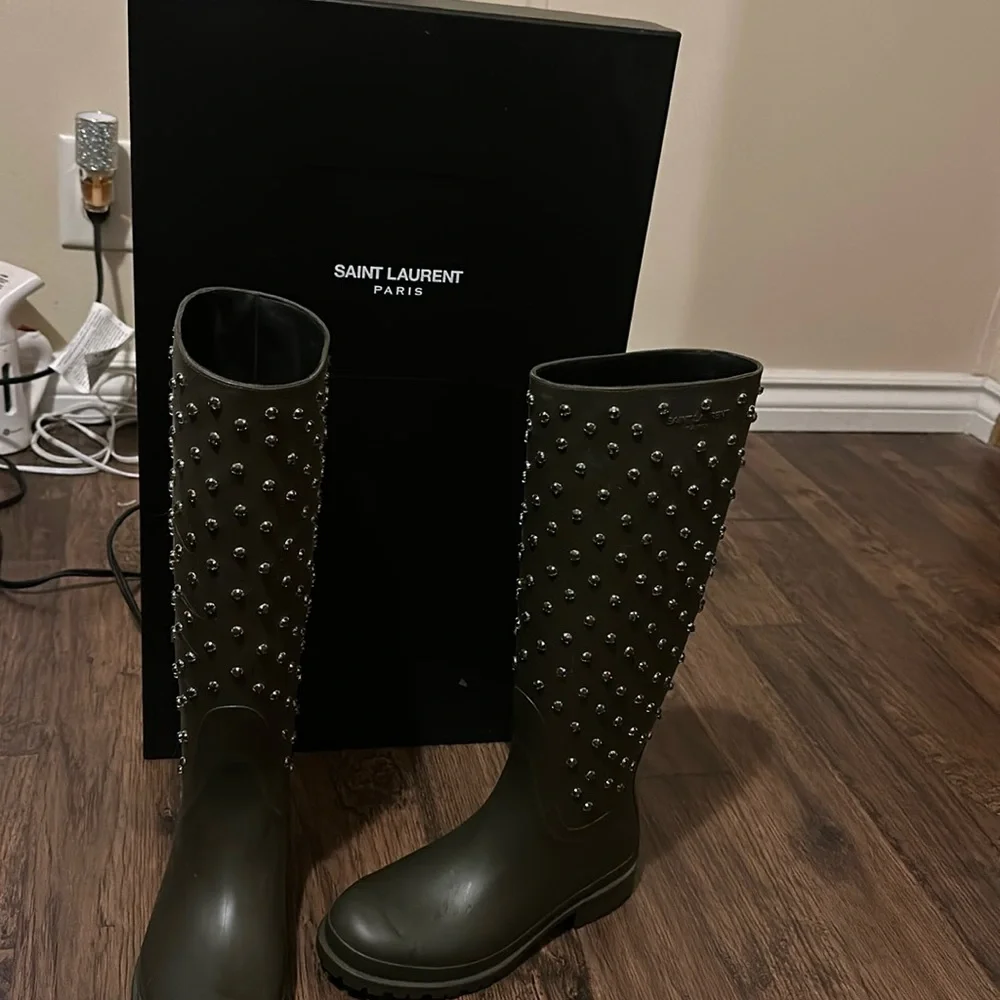 Yves Saint Laurent Olive Green Studded Knee-High Rain Boots